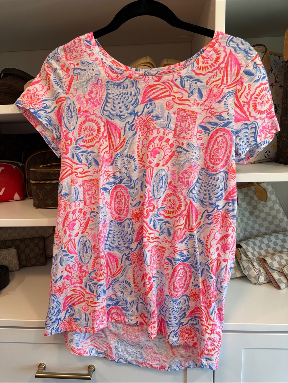 Lilly Pulitzer Pink Blue White Printed T-Shirt Etta Scoop Neck